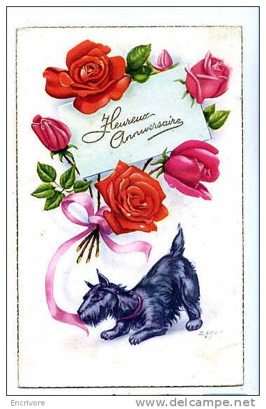 Cpsm HEUREUX ANNIVERSAIRE CHIEN Et Bouquet De Roses  Signee ZSLOT - Zsolt