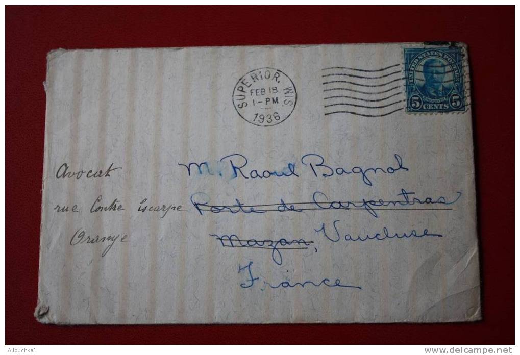 1936- MARCOPHILIE-LETTRE - DES USA -  ETATS-UNIS D´ AMERIQUE: SUPERIOR -WISCONSIN -POUR:MAZAN -VAUCLUSE - 84 -FRA - Storia Postale