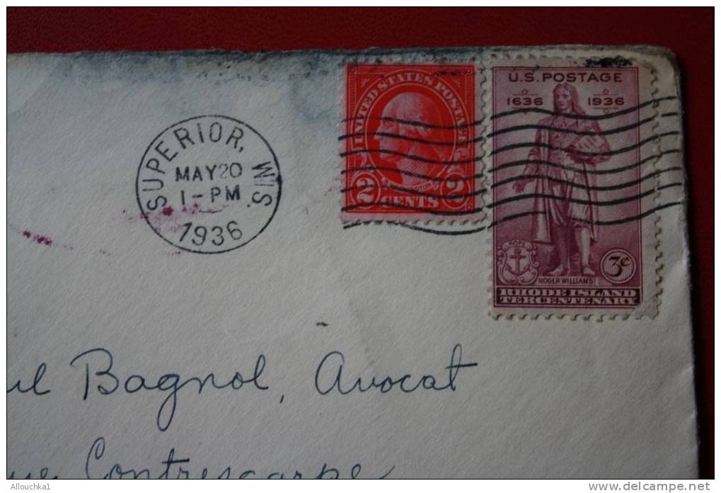 1936- MARCOPHILIE-LETTRE :DES USA ETATS-UNIS D' AMERIQUE: SUPERIOR -WISCONSIN -POUR : ORANGE -VAUCLUSE - 84 -FRANCE - - Souvenirs & Special Cards