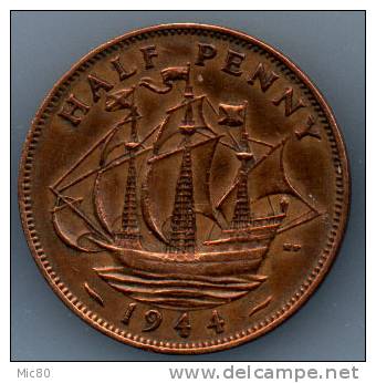 Grande-Bretagne Half Penny Georges VI 1944 Ttb+ - C. 1/2 Penny