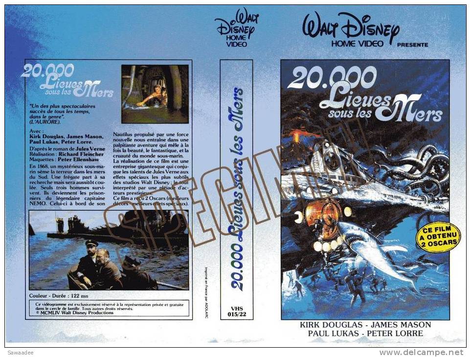 JAQUETTE K7 - PUBLICITAIRE - 20000 LIEUES SOUS LES MERS - WALT DISNEY - KIRK DOUGLAS, JAMES MASON, PETER LORR - SPECIMEN - Publicité Cinématographique