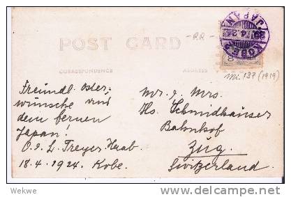 J242/  JAPAN -  Dauermarken Von 1919 ( 8 Sn) 1924,  Nach Zug, Schweiz, Auf Bildkarte (card) - Lettres & Documents