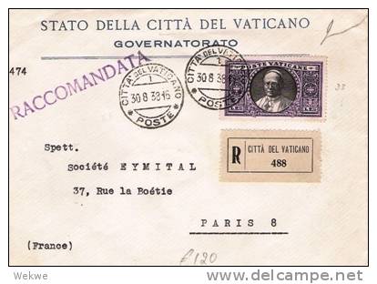 Vat012a/ VATIKAN -  Pius XI L 2,75, Einschreiben Paris,Regierungsdienstbrief - Cartas & Documentos