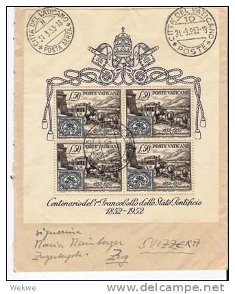 Vat015a/ -  VATIKAN -  Blockbrief I.d. Schweiz (Zug)  1953, Marken-Jubiläum (100 Jahre) Kleinformat ! - Covers & Documents