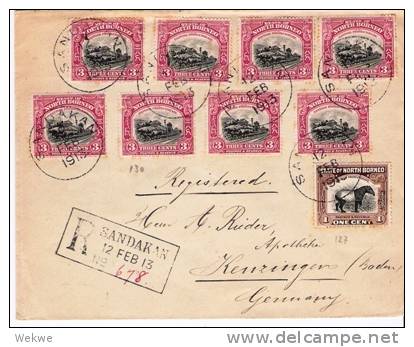 Mly052/ North Borneo, Einschreiben, Buntfrankautur 1913 - North Borneo (...-1963)