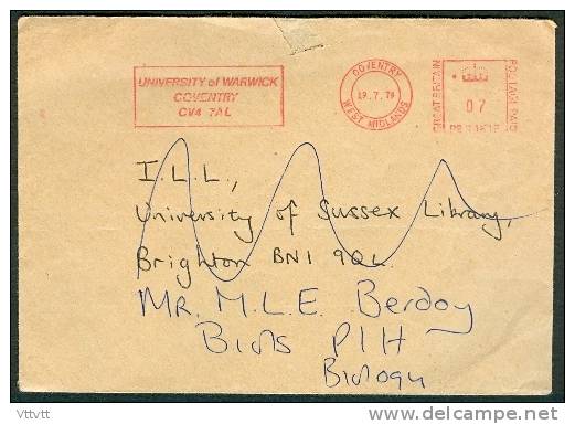 Grande-Bretagne : Enveloppe (1979) University Coventry CV4 7AL, Marque Postale Coventry West Midlands, Postage Paid - Máquinas Franqueo (EMA)
