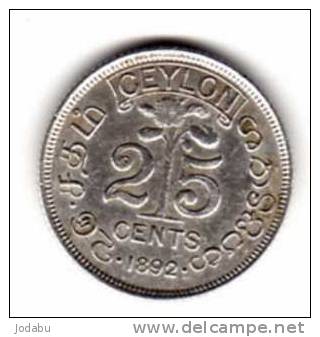 25 Cents 1892 -ceylon-  Argent - Kolonies