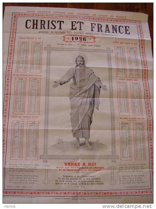 Calendrier 1926  CHRIST ET FRANCE   Protestantisme  églises Reformées  ( Imprimerie Brabo ALAIS  ALES ) - Otros & Sin Clasificación