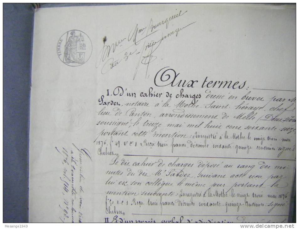 Manuscrit  1876 De 11 Pages-adjudication---timbr Es Encre Et Timbre   A Sec   Notaire La Mothe St Heraye - Manuscrits