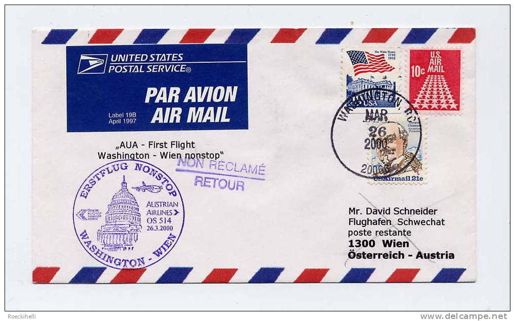 USA  - Air Mail Letter  "2000  First Flight Austrian Airlines Washington - Wien OS 514"  (us 1012) - 3c. 1961-... Storia Postale