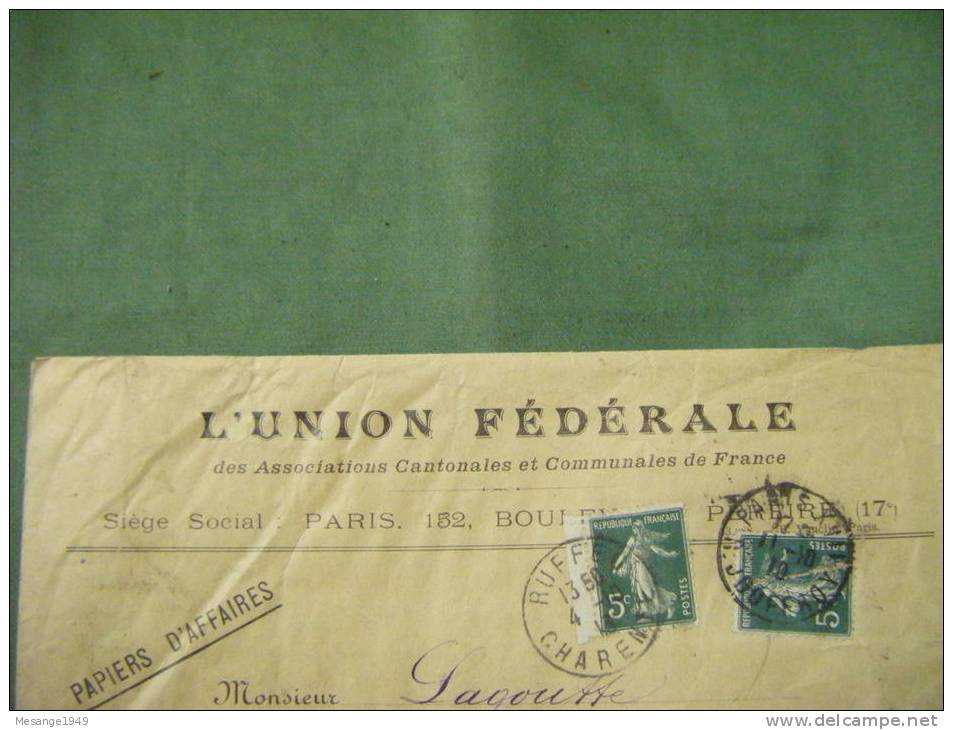 Enveloppe Entiere   L´union Federale -  Ruffec-paris  56/9237- - 1877-1920: Période Semi Moderne