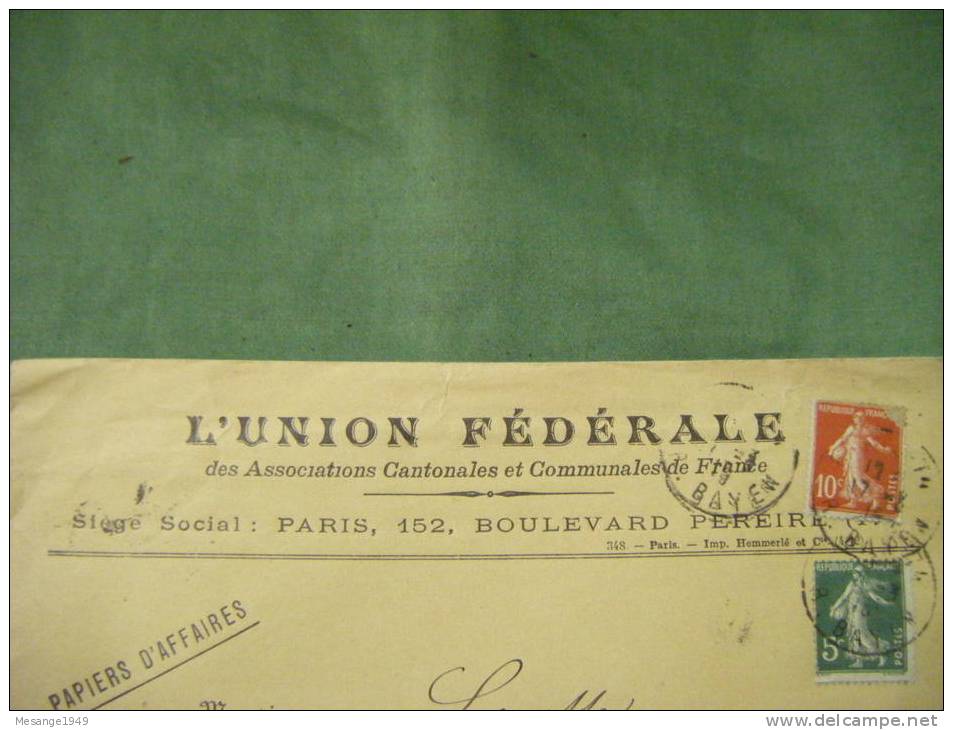 Enveloppe Entiere   L´union Federale - Cachet Angouleme-paris  Bayen  56/9238 - 1877-1920: Période Semi Moderne