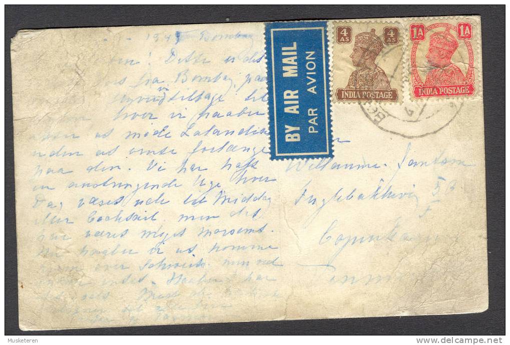 British India PPC Monkey Temple Bombay 'BY AIR MAIL Par Avion' Label 1949 Bombay To Denmark King George VI. (2 Scans) - Lettres & Documents