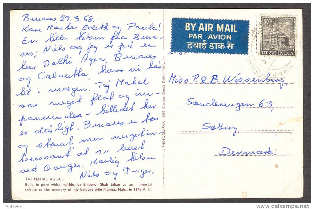 India PPC Taj Mahal Agra "BY AIR MAIL Par Avion" Label 1968 Benares To Denmark (2 Scans) - Brieven En Documenten