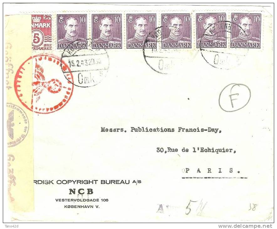 REF LVP5 - DANEMARK  LETTRE POUR PARIS  12/2/1943 CENSURE ALLEMANDE - Briefe U. Dokumente