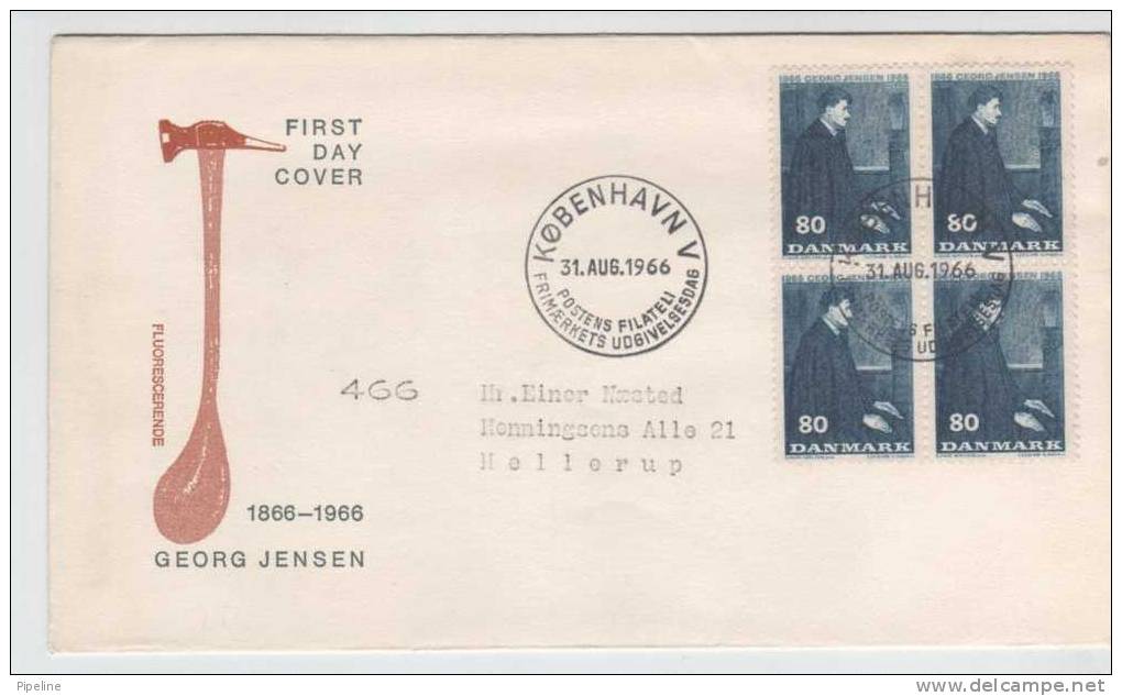 Denmark FDC In Block Of 4 Georg Jensen With Cachet 31-8-1966 - FDC