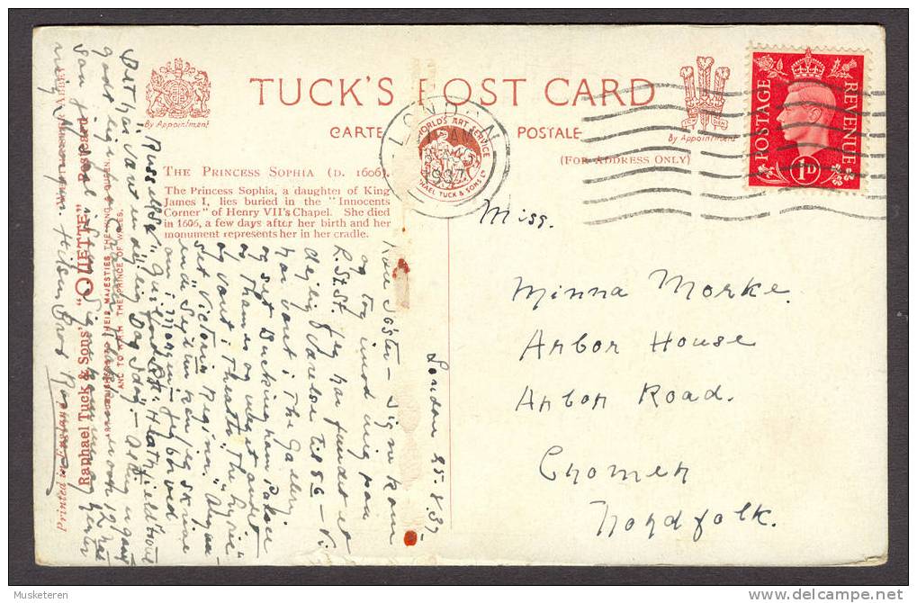 United Kingdom PPC Princess Sophia (d.1606) To Norfolk 1937 (2 Scans) King George - Other & Unclassified