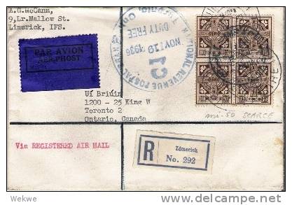Irl013/ Flug  Linerick-Toronto 1936. Frankiert Mit 4er-Einheit 10 Pg. Von 1923 - Covers & Documents