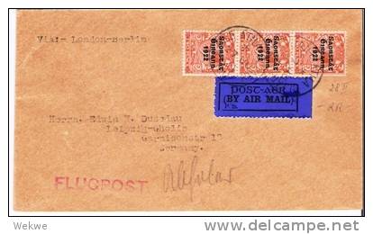 Irl099/ 3-er Streifen Georg V überdruckt 1922, Airmail Leipzig - Lettres & Documents