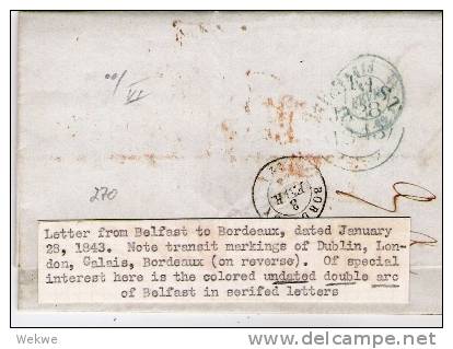 Irl111/ Brief,  Belfast Paid 1843 Nach Frankreich (Bordeaux). Stempel Gut Platziert - Prephilately