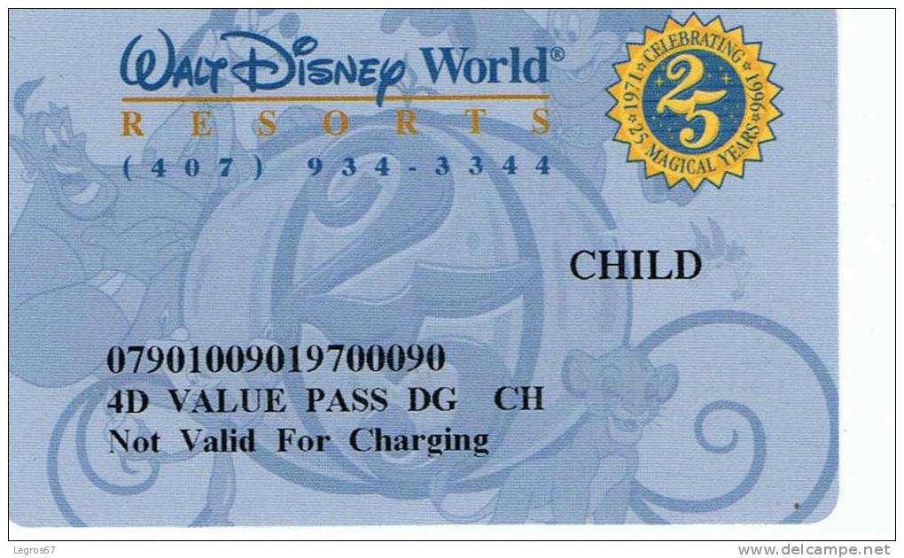 CARTE WALT DISNEY WORLD ENFANT 25 ANS - Other & Unclassified