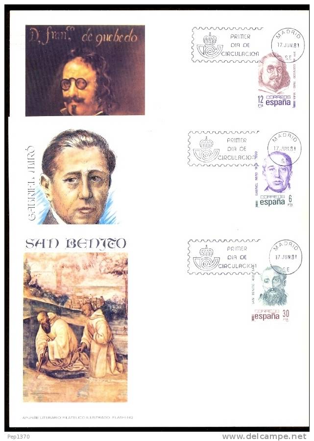 ESPAÑA 1981 CARTE MAXIMUM - PERSONAJES (SANBENITO,GABRIEL MIRO, FRANCISCO DE QUEVEDO)(3 CARTES) - Tarjetas Máxima