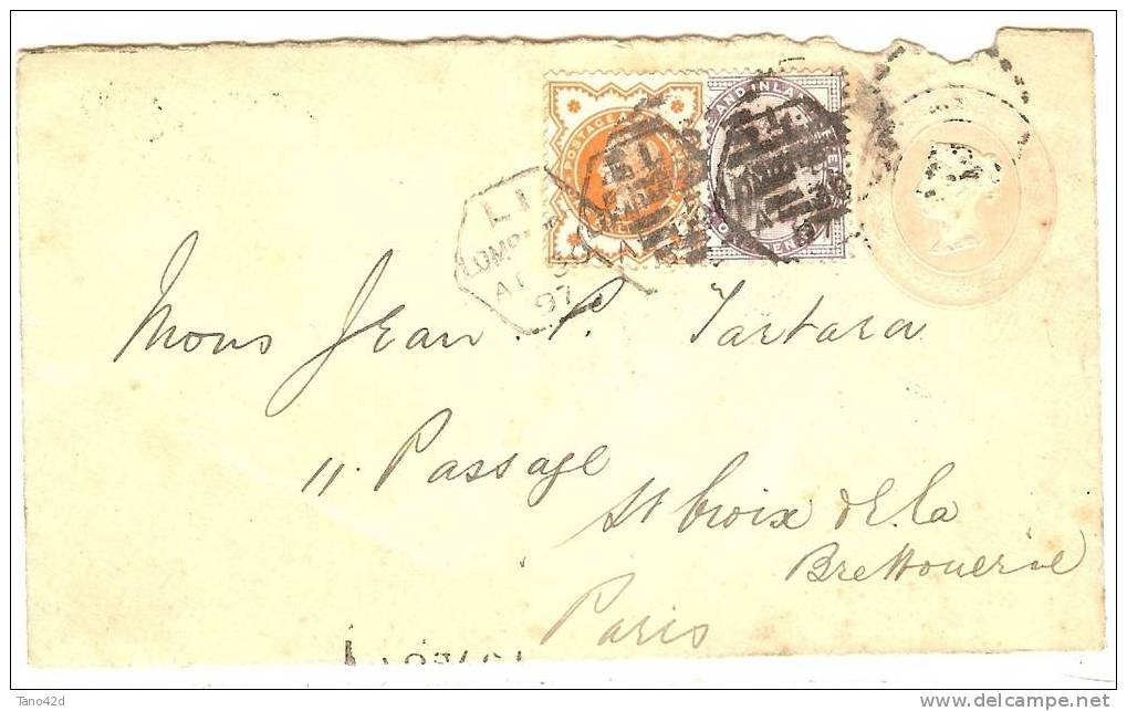 REF LVP5 - GRANDE BRETAGNE ENTIER ¨POSTAL ENVELOPPE POUR PARIS 1897 - Entiers Postaux