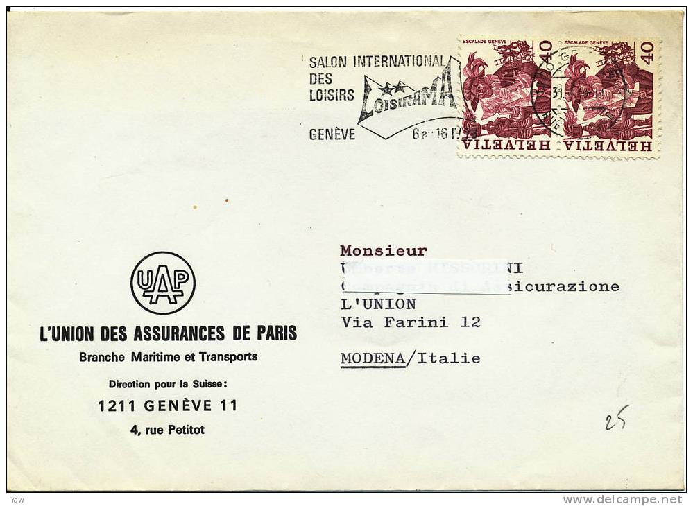 SVIZZERA  1978 LETTERA STORIA POSTALE: 2 FRANCOBOLLI ESCALADE GENÈVE. ANNULLO: SALON INTERNAT. DES LOISIRS - Briefe U. Dokumente