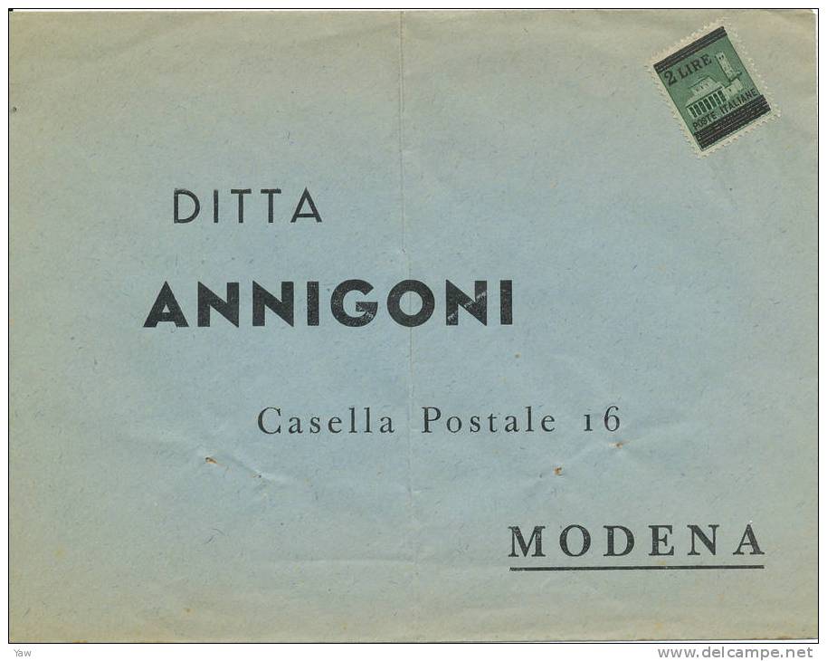 ITALIA 1944 LETTERA STORIA POSTALE: R.S.I. 2 LIRE VERDE SOPRASTAMPATO. NON CIRCOLATO. DITTA ANNIGONI MODENA - Marcophilie