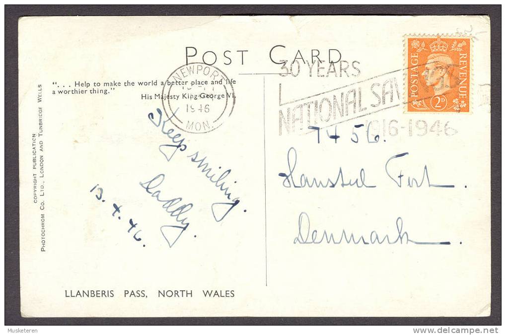 United Kingdom PPC Wales Llanberis Pass, North Wales 1946 To Denmark (2 Scans) King George VI - Unknown County
