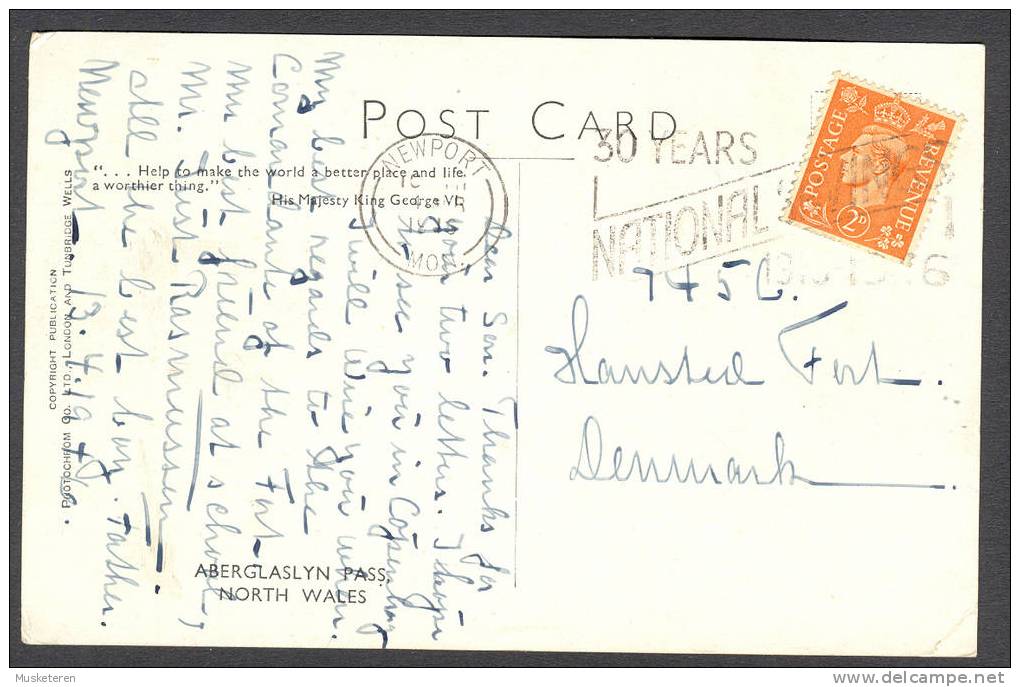 United Kingdom PPC Wales Aberglaslyn Pass, North Wales 1946 To Denmark (2 Scans) King George VI - Municipios Desconocidos