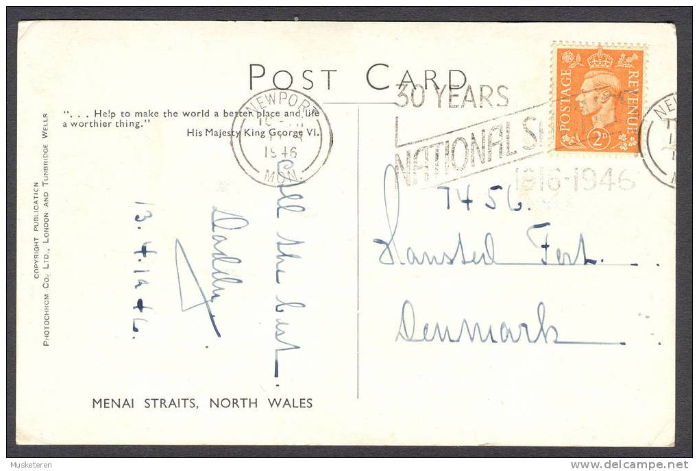 United Kingdom PPC Wales Menai Straits, North Wales 1946 To Denmark (2 Scans) King George VI - Anglesey