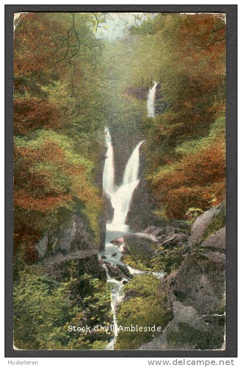 United Kingdom PPC Stock Ghyll Ambleside Waterfall Cumbria 1906 To Denmark (2 Scans) King Edward VII - Ambleside