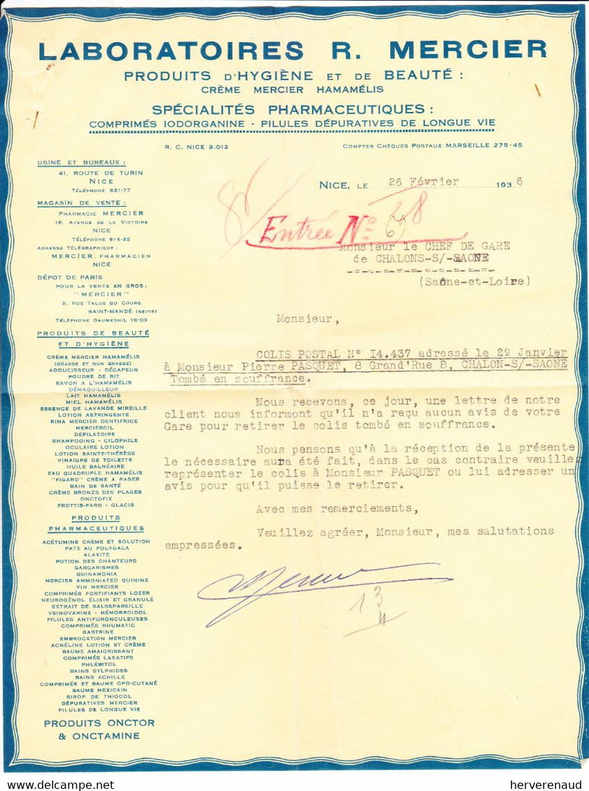 Paix 283 Sur Lettre "laboratoires Mercier" à Nice , Pour  Chalon-sur-Saône (1936) - 1932-39 Paix