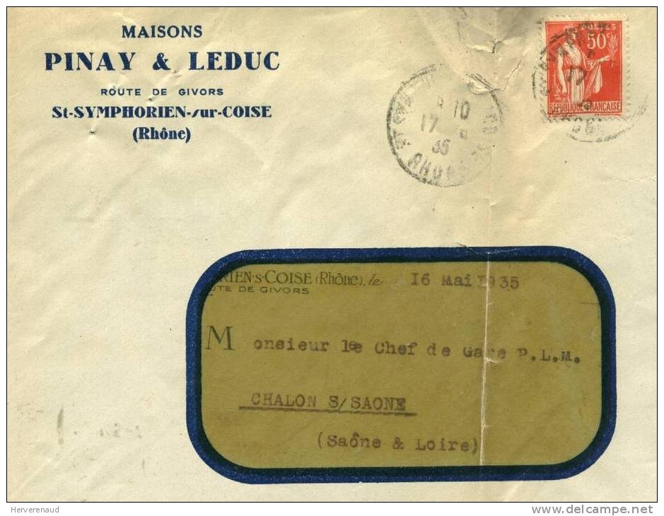 Paix 283 Sur Lettre Des Ets Pinay & Leduc à St Symphorien-sur-Coise , Pour  Chalon-sur-Saône (1935) - 1932-39 Paix