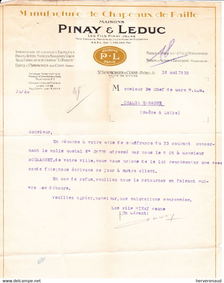 Paix 283 Sur Lettre Des Ets Pinay & Leduc à St Symphorien-sur-Coise , Pour  Chalon-sur-Saône (1935) - 1932-39 Paix