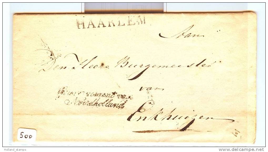 NEDERLAND BRIEFOMSLAG Van GOUVERNEMENT VAN NOORHOLLAND TE HAARLEM (MASSON) Naar De Burgemeester Te ENKHUIZEN .(500) - ...-1852 Vorläufer