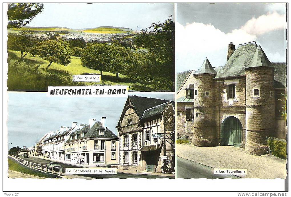 CPSM Dentelée Noir Et Blanc  NEUFCHATEL EN BRAY   Le Pont Route Et Le Musée, Les Tourelles, Vue Générale - Neufchâtel En Bray