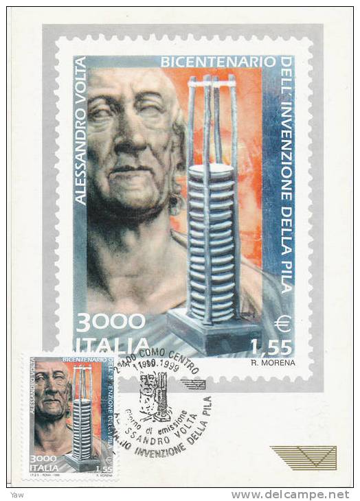 ITALIA 1999 CARTOLINA FILATELICA FDC: ALESSANDRO VOLTA, 200 ANNI INVENZIONE DELLA PILA. ANNULLO SPECIALE COMO - Chemie