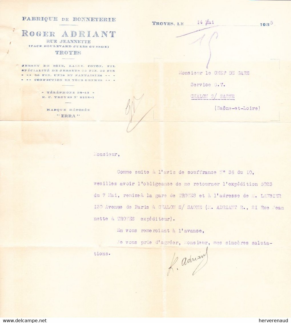 Paix 283 Sur Lettre "bonneterie Adriant" à Troyes, Pour  Chalon-sur-Saône + Flamme - 1932-39 Peace