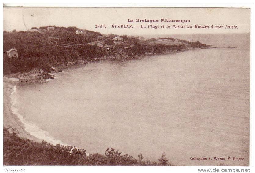 22..CP..ETABLES..LA PLAGE ET LA POINTE DU MOULIN A MER BASSE....1928....COLL.WARON A ST BRIEUX - Etables-sur-Mer