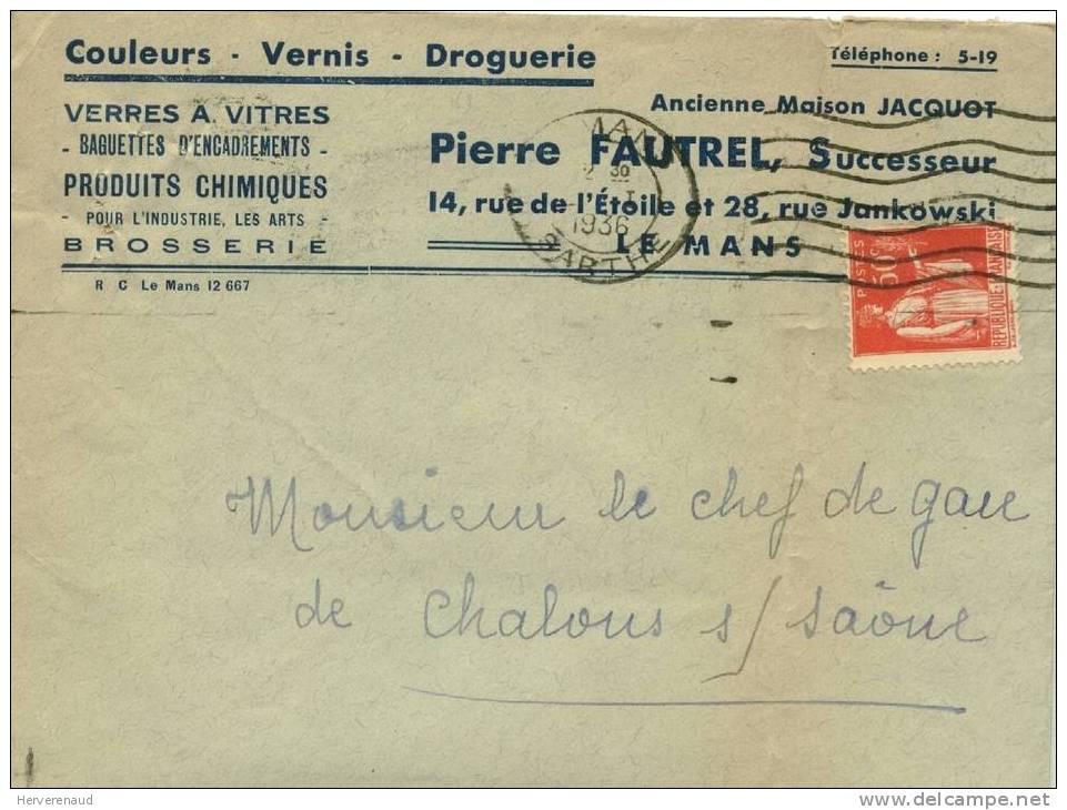 Paix 283 Sur Lettre Des Ets Fautrel Au Mans , Pour  Chalon-sur-Saône - 1932-39 Peace