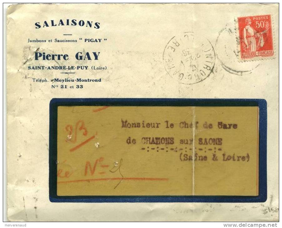 Paix 283 Sur Lettre "saucissons Gay" à St André-le-Puy (oblitéré à Montrond), Pour  Chalon-sur-Saône - 1932-39 Paz