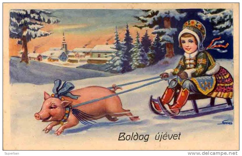 FILLETTE Et COCHON En HIVER : ATTELAGE DE COCHON ! -> LUGE / TRAÎNEAU - TRÈS BELLE ILLUSTRATION ! (b-569) - Maiali