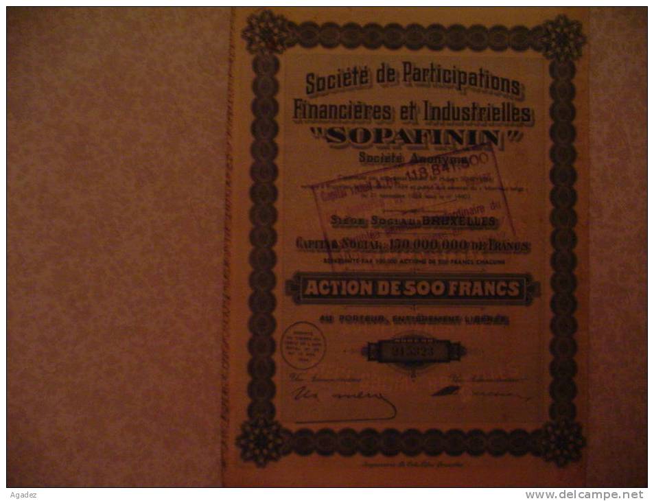 Société De Participations Financières Et Industrielles "Sopafinin" 1934 ,Belgique Action De 500 Francs - Industrie