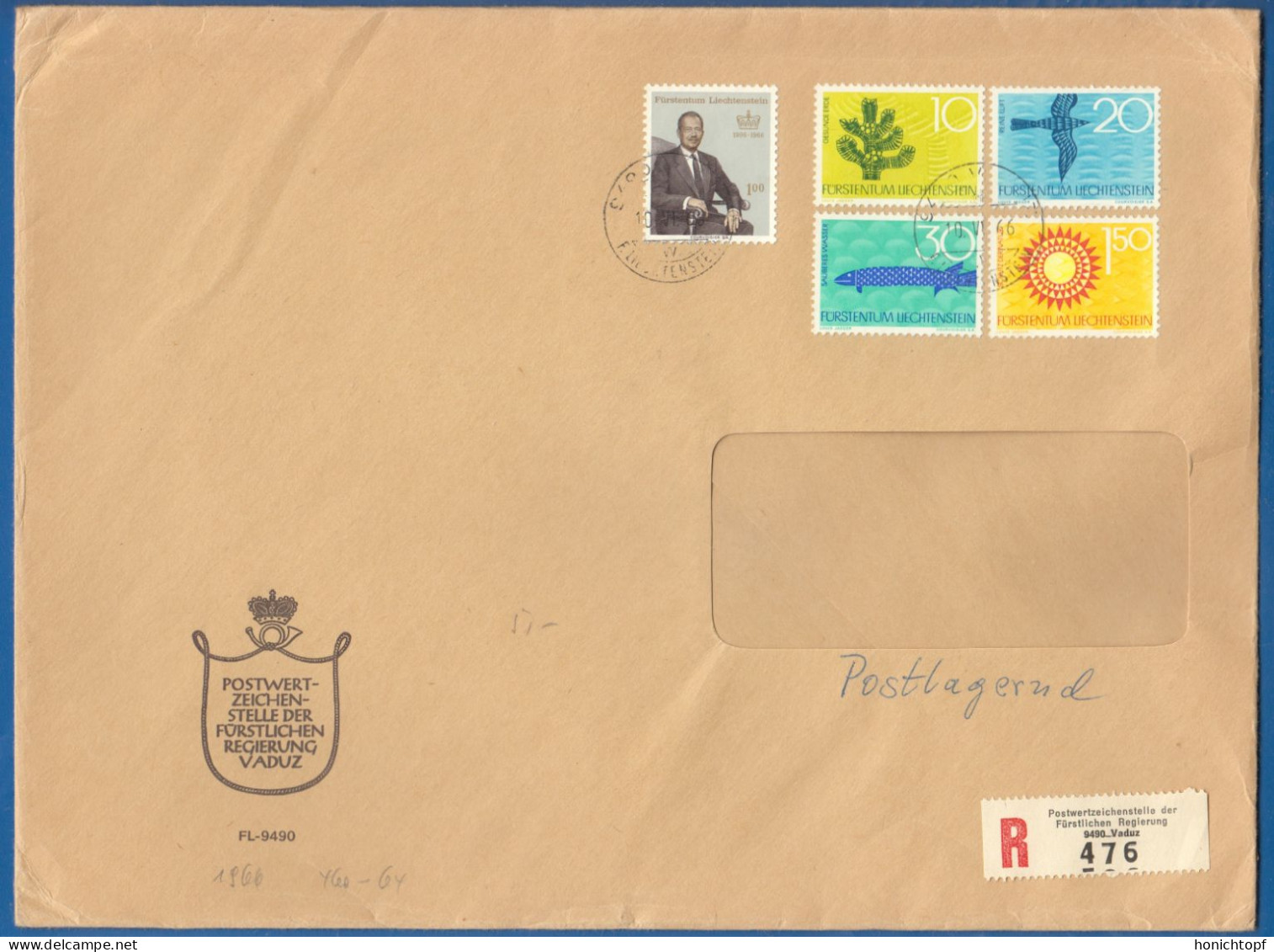 Liechtenstein; 1966; Brief Einschreiben; Registered; Postlagernd; Michel 460/3 Und 464 - Brieven En Documenten