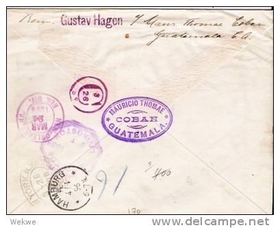 Gua002a/  GUATEMALA - Einschreiben AR  5. Mar. 1896 Nach Hamburg. 2 X 10 Cent + 5 Centavos Ex Coban - Guatemala