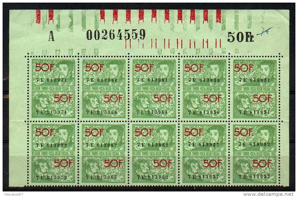 A00031 - Timbres Fiscaux Belge Xx - 50F Bloc De 10 - 17.00 - Marken