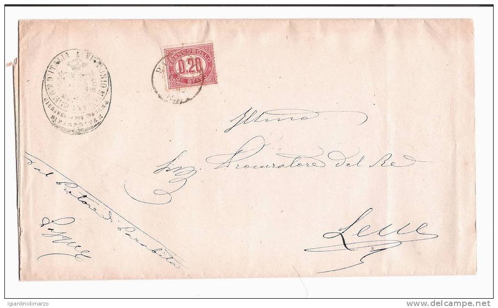 REGNO D' ITALIA -'STORIA POSTALE - Piego Con Affrancatura 20 C. Servizio Di Stato Con Annullo Di Lecce Del 2/06/1876. - Dienstmarken