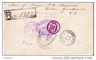 Gua089/ U 8 + 20 Cent. Quezal 1896 Nach Hamburg, Einschreiben AR - Guatemala